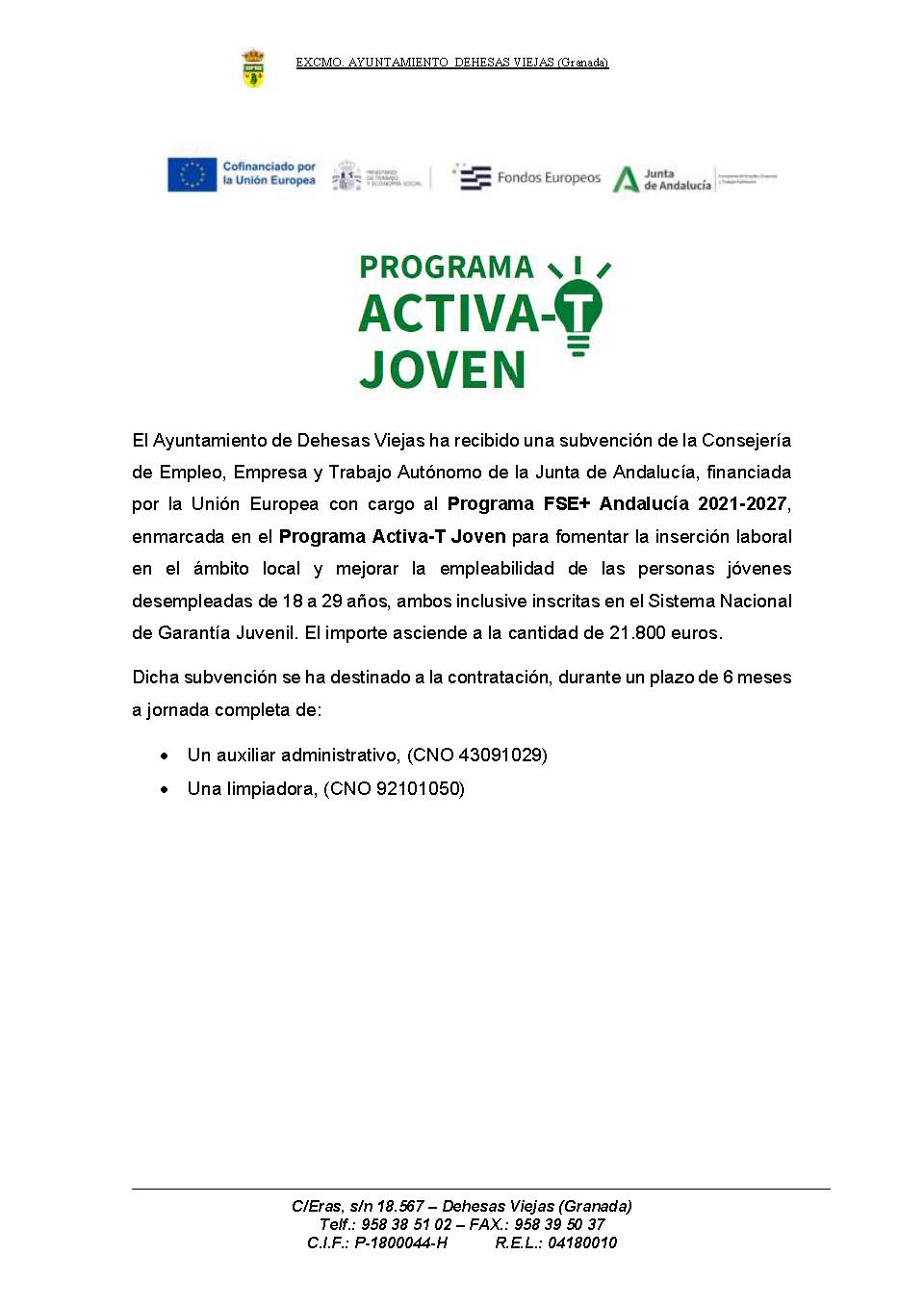 Publicidad de la subvención recibida activa-t joven